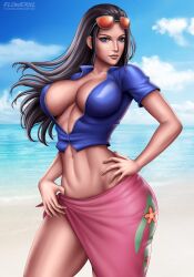 Rule 34 | 1girl, absurdres, beach, black hair, blue eyes, breasts, cleavage, day, female focus, flowerxl, highres, jacket, large breasts, looking at viewer, navel, nico robin, one piece, sideboob, solo, sunglasses, sunglasses on head, thighhighs, toned female