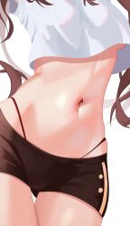 Rule 34 | 1girl, belly, black shorts, breasts, brown hair, close-up, cropped shirt, fu xi (su uimi), g-string, genshin impact, groin, highres, hu tao (genshin impact), midriff, navel, no bra, short shorts, shorts, simple background, small breasts, solo, stomach, thong, underboob, white background