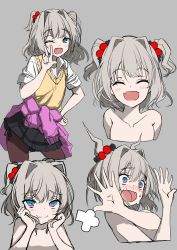 Rule 34 | 1girl, ;d, absurdres, ahoge, black skirt, blue eyes, blush, brown pantyhose, cardigan, cardigan around waist, closed mouth, clothes around waist, collarbone, expressive hair, fang, fang out, fangs, grey background, grey hair, hair bobbles, hair intakes, hair ornament, hand up, highres, multiple views, nude, one eye closed, open mouth, original, pantyhose, pleated skirt, purple cardigan, simple background, skirt, smile, surprised, sweater vest, tonchan, two side up, w