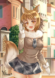 Rule 34 | 1girl, :d, animal ears, black necktie, black skirt, blush, breasts, brown hair, brown jacket, building, character request, commentary request, day, fang, fur collar, gloves, jacket, kemono friends, long sleeves, looking at viewer, medium breasts, necktie, open mouth, outdoors, plaid, plaid necktie, plaid neckwear, plaid skirt, pleated skirt, railing, red eyes, signature, skirt, smile, solo, tail, tail raised, villyane, white gloves, window