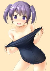 Rule 34 | 1girl, :d, adjusting clothes, adjusting swimsuit, bare shoulders, blue one-piece swimsuit, blush, breasts, clothes pull, dressing, hair tie, highres, looking at viewer, old school swimsuit, one-piece swimsuit, one-piece swimsuit pull, open mouth, orange background, original, pulled by self, purple eyes, purple hair, school swimsuit, shibacha, short twintails, sidelocks, simple background, small breasts, smile, solo, standing, swimsuit, thighs, twintails