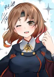 Rule 34 | 1girl, 9610 (kuroto), black headband, breasts, brown eyes, brown hair, chiyoda (kancolle), headband, highres, kantai collection, large breasts, medium hair, official alternate costume, one eye closed, solo, upper body