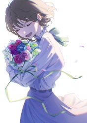 1girl absurdres bouquet brown_hair closed_eyes commentary english_commentary flower green_ribbon grey_shirt happy highres holding holding_bouquet long_sleeves mele_ck open_mouth original ribbon shirt short_hair simple_background solo white_background white_shirt