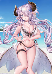 Rule 34 | 10s, 1girl, :o, artist name, beach, bikini, blue eyes, blush, breasts, cameltoe, cleavage, collarbone, day, double bun, draph, fingernails, frilled bikini, frills, granblue fantasy, hair bun, hair ornament, hair over one eye, heart, heart hands, highres, horns, knees together feet apart, large breasts, long hair, low twintails, narmaya (granblue fantasy), narmaya (summer) (granblue fantasy), navel, obiwan, ocean, outdoors, parted lips, pointy ears, purple hair, shiny skin, showgirl skirt, skindentation, solo, standing, swimsuit, thigh strap, thighs, twintails, twitter username, very long hair, white bikini