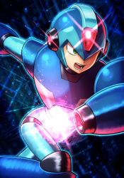 Rule 34 | 1boy, absurdres, android, arm cannon, armor, blue armor, capcom, commentary, cowboy shot, english commentary, green eyes, helmet, highres, knee up, lower teeth only, male focus, mega man (series), mega man x (series), mega man x dive, open mouth, robot, running, silverchariotx, solo, sparkle, teeth, upper teeth only, weapon, x (mega man)