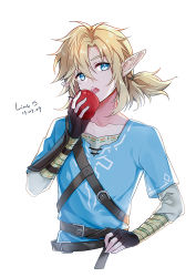Rule 34 | 1boy, apple, belt, black gloves, blonde hair, blue eyes, blue shirt, character request, commentary, dated, fingerless gloves, food, fruit, gloves, hair over one eye, kageis, link, male focus, nintendo, pointy ears, ponytail, shirt, simple background, the legend of zelda, the legend of zelda: breath of the wild, tongue, tongue out, upper body, white background