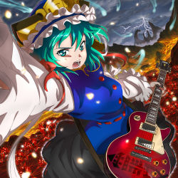 Rule 34 | 1girl, album cover, cover, electric guitar, female focus, flower, gibson les paul, green eyes, green hair, guitar, hat, instrument, lava, lightning, matching hair/eyes, o/p.com, open mouth, ribbon, shiki eiki, short hair, skirt, solo, spider lily, thunder, touhou