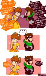 Rule 34 | 1boy, 1girl, angry, arguing, blue eyes, breasts, brown hair, comic, crown, cutie-png, dress, earrings, facial hair, flower earrings, gloves, hand on own hip, highres, jewelry, luigi, mario (series), mask, mr l, mustache, nintendo, open mouth, orange dress, paper mario, pointing, princess daisy, scarf, speech bubble, standing, super mario bros. 1, super mario land, tomboy