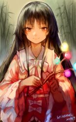 Rule 34 | 1girl, absurdres, black hair, bow, branch, brown eyes, closed mouth, dated, highres, holding, holding branch, houraisan kaguya, hua ha jiazi, jeweled branch of hourai, long hair, long sleeves, pink shirt, shirt, sidelocks, signature, smile, solo, straight-on, touhou, white bow, wide sleeves
