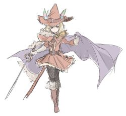 Rule 34 | 10s, 1girl, arcana dueler (granblue fantasy), bad id, bad twitter id, belt, black pantyhose, blonde hair, boots, brown eyes, brown footwear, cape, djeeta (granblue fantasy), full body, granblue fantasy, hat, hat feather, miniskirt, pantyhose, red skirt, sherad, short hair, simple background, skirt, solo, sword, weapon, white background