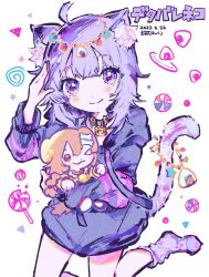 Rule 34 | 1girl, ahoge, animal ear fluff, animal ears, black collar, blush, candy, cat day, cat ears, cat girl, cat tail, character doll, closed mouth, collar, dated, drawstring, food, foot out of frame, hand up, head chain, highres, holding, holding stuffed toy, hololive, hood, hood down, hoodie, inugami korone, jewelry, kiato, lollipop, long sleeves, looking at viewer, nekomata okayu, nekomata okayu (1st costume), no pants, no shoes, onigiri, plate, purple eyes, purple hair, purple hoodie, purple socks, short hair, signature, smile, socks, solo, song name, stuffed toy, swirl lollipop, tail, virtual youtuber