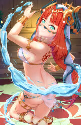 Rule 34 | 1girl, absurdres, alternate costume, arm up, artist request, ass, bikini, blue nails, blush, breasts, butt crack, closed mouth, dancer, embarrassed, fake horns, floating hair, genshin impact, gold, highres, horns, long hair, long sleeves, looking at viewer, low twintails, medium breasts, midriff, nail polish, nilou (genshin impact), red hair, see-through, shirt, skirt, slave, slave clothes, sleeveless, sleeveless shirt, solo, stomach, sweatdrop, swimsuit, tattoo, twintails, veil, very long hair, water