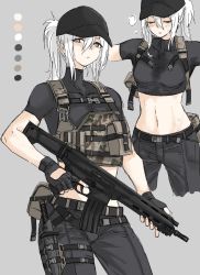 Rule 34 | 1girl, adaptive combat rifle, assault rifle, baseball cap, black gloves, black headwear, black pants, black shirt, breasts, closed eyes, closed mouth, color guide, commentary request, covered collarbone, crop top, fingerless gloves, fuku (fuku12290574), gloves, grey background, grey eyes, gun, hair between eyes, hat, highres, holding, holding gun, holding weapon, medium breasts, multiple views, original, pants, ponytail, rifle, shirt, short sleeves, simple background, stomach, stomach day, weapon, weapon request, white hair