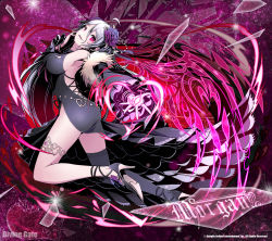 Rule 34 | 10s, 1girl, ahoge, armpits, asymmetrical legwear, backless dress, backless outfit, black dress, black thighhighs, breasts, character name, copyright name, detached sleeves, divine gate, dress, fang, floating hair, flower, hair between eyes, hair flower, hair ornament, high heels, highres, large breasts, long hair, looking at viewer, morgan (divine gate), nail polish, purple flower, red eyes, red nails, sideboob, silver hair, sleeveless, sleeveless dress, smile, solo, thighhighs, ucmm, uneven legwear