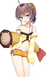 Rule 34 | 1girl, :o, absurdres, ahoge, bare shoulders, blue eyes, brown hair, camisole, collarbone, crop top, ebi frion (matsuri channel), frills, groin, hair ornament, hair scrunchie, heart, heart-shaped pupils, highres, hololive, jacket, long hair, long legs, long sleeves, looking at viewer, midriff, natsuiro matsuri, natsuiro matsuri (matsuri&#039;s day off), navel, neginoki, off shoulder, open mouth, orange shorts, ponytail, scrunchie, shirt, short shorts, shorts, side ponytail, side slit, simple background, sleeveless, sleeveless shirt, solo, spaghetti strap, stomach, strap slip, striped clothes, striped jacket, stuffed toy, symbol-shaped pupils, thighs, virtual youtuber, white background, yellow jacket, yellow shirt