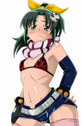 Rule 34 | 1girl, arm behind back, bare shoulders, belt, bikini, bikini top only, black gloves, blush, body blush, bow, breasts, cosplay, cowboy shot, elbow gloves, embarrassed, fat mons, fingerless gloves, flame print, frown, gloves, green eyes, green hair, hair bow, hair ornament, hand on own hip, jun (666), long hair, looking at viewer, matching hair/eyes, midorikawa nao, midriff, navel, parted bangs, pink thighhighs, ponytail, precure, ribs, scarf, short hair, short shorts, shorts, sidelocks, simple background, single elbow glove, skull hair ornament, small breasts, smile precure!, solo, standing, striped, studded belt, swimsuit, tengen toppa gurren lagann, thighhighs, voice actor connection, white background, yoko littner, yoko littner (cosplay), zettai ryouiki