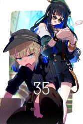 Rule 34 | 2girls, bare shoulders, beret, black hair, black shorts, blue hair, bracelet, breasts, brown pants, buttons, collared shirt, colored inner hair, double-breasted, echo (circa), engineer nemo (fate), fate/grand order, fate (series), gradient hair, green eyes, green headwear, green jacket, grey eyes, grey headwear, grey shirt, hat, jacket, jewelry, kneeling, light brown hair, long hair, long sleeves, looking at viewer, low twintails, multicolored hair, multiple girls, neck ring, nemo (fate), off shoulder, open mouth, pants, round eyewear, shirt, short hair, short sleeves, short twintails, shorts, sidelocks, small breasts, striped clothes, striped shirt, sunglasses, suspenders, tenochtitlan (fate), tenochtitlan (second ascension) (fate), thighs, twintails, two-tone hair, vertical-striped clothes, vertical-striped shirt, wavy hair