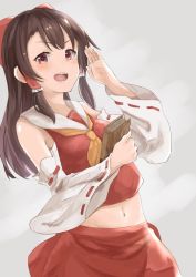Rule 34 | 1girl, ascot, book, bow, brown hair, detached sleeves, grey background, hair bow, hair ornament, hakurei reimu, holding, holding book, long hair, looking at viewer, midriff, navel, nise (  nise6  ), open mouth, red bow, red eyes, red skirt, ribbon-trimmed sleeves, ribbon trim, skirt, skirt set, smile, solo, touhou, vest