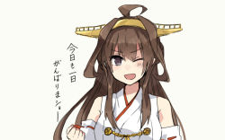 Rule 34 | 10s, 1girl, annin musou, bad id, bad pixiv id, brown eyes, brown hair, detached sleeves, double bun, hairband, kantai collection, kongou (kancolle), long hair, nontraditional miko, one eye closed, solo