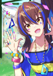 Rule 34 | 1girl, animal ears, aqua nails, bare shoulders, bead bracelet, beads, blue hair, blue nails, blue shirt, bracelet, brown hair, colored inner hair, commentary request, confetti, daitaku helios (umamusume), ear covers, ear piercing, facial tattoo, fang, gate, hair between eyes, harakomeshi, highres, horse ears, horse girl, jewelry, multicolored hair, multicolored nails, nail polish, necklace, outdoors, piercing, shirt, short sleeves, side ponytail, smile, solo, streaked hair, tattoo, two-tone shirt, umamusume, upper body, w, yellow eyes, yellow shirt