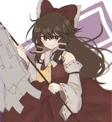 Rule 34 | 1girl, ascot, bow, brown eyes, brown hair, closed mouth, commentary request, detached sleeves, gohei, hair bow, hakurei reimu, highres, holding, long hair, looking at viewer, pipita, red bow, red shirt, red skirt, ribbon-trimmed sleeves, ribbon trim, shirt, skirt, smile, solo, touhou, yellow ascot