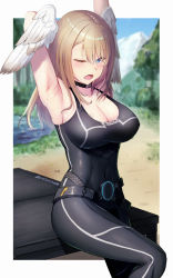 Rule 34 | 1girl, armpits, arms behind head, arms up, asymmetrical bangs, belt, black belt, black bodysuit, black choker, blue eyes, blue sky, bodysuit, breasts, brown hair, chest tattoo, choker, cleavage, eunie (xenoblade), feathered wings, hair between eyes, head wings, highres, kujou shima, large breasts, long bangs, long hair, looking at viewer, mountain, one eye closed, open mouth, outdoors, pond, sitting, sky, solo, stretching, sweat, tattoo, tree, twitter username, water, white wings, wings, xenoblade chronicles (series), xenoblade chronicles 3