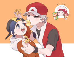 Rule 34 | 1girl, 2boys, :d, backwards hat, bad id, bad pixiv id, baseball cap, black hair, blush, bow, brown eyes, brown hair, bugles, bugles (food), bugles on fingers, cabbie hat, chips (food), commentary request, creatures (company), ethan (pokemon), food, game freak, hat, hat bow, holding, jacket, long hair, long sleeves, lyra (pokemon), mouth hold, multiple boys, nintendo, open mouth, orange background, pokemon, pokemon frlg, pokemon hgss, potato chips, pringles, pringles can, pumpkinpan, red (pokemon), shirt, short hair, short sleeves, smile, teeth, tongue, twintails, white headwear, wristband