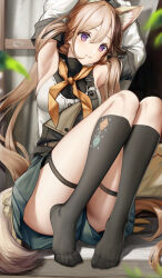 Rule 34 | 1girl, absurdres, animal ear fluff, animal ears, argyle, argyle clothes, argyle legwear, arknights, armpits, arms up, black socks, brown hair, cardigan (arknights), cardigan (sunny day) (arknights), detached sleeves, feet, grey shorts, hair between eyes, highres, kneehighs, knees up, legs, long hair, long sleeves, looking at viewer, multicolored hair, no shoes, nopetroto, parted lips, purple eyes, revision, shirt, short shorts, shorts, sleeveless, sleeveless shirt, smile, socks, solo, streaked hair, tail, thigh strap, toes, very long hair, white shirt, white sleeves