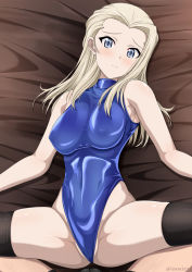 Rule 34 | 1girl, 1other, black thighhighs, blonde hair, blue eyes, blue leotard, breasts, clara (girls und panzer), commentary request, cowboy shot, forehead, girls und panzer, highleg, highleg leotard, inoshira, leotard, long hair, looking at viewer, lying, medium breasts, shiny clothes, skin tight, solo, spread legs, thighhighs, thighs, turtleneck