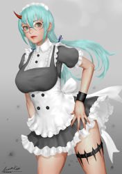 Rule 34 | 1girl, aqua eyes, aqua hair, ariverkao, breasts, cowboy shot, frills, glasses, gradient background, horns, large breasts, lips, long hair, looking to the side, maid, maid headdress, original, parted lips, single horn, solo, thigh strap, twintails, wrist cuffs
