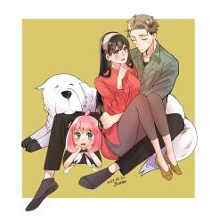 Rule 34 | 1boy, 2girls, ahoge, anya (spy x family), arm around waist, black hair, black pants, black socks, blonde hair, blush, bond (spy x family), breasts, brown socks, child, closed eyes, collared shirt, dog, earrings, full body, gold earrings, green eyes, green shirt, grey pants, hairband, hairpods, hand to own mouth, highres, jewelry, long hair, long sleeves, looking at another, lying, medium breasts, medium hair, multiple girls, neckerchief, no shoes, on stomach, open mouth, pants, parted bangs, pink hair, red eyes, red sweater, shirt, short hair, sitting, socks, spy x family, sweatdrop, sweater, twilight (spy x family), umini ikukara, white footwear, white hairband, white neckerchief, yellow background, yor briar