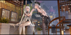 Rule 34 | 2girls, absurdres, arms behind back, bare shoulders, barrel, black dress, black headwear, blue eyes, bracelet, building, chair, closed eyes, dress, gloves, grey dress, grey hair, half gloves, highres, jewelry, jinhsi (wuthering waves), leaning forward, long hair, multiple girls, night, night sky, outdoors, sanhua (wuthering waves), scenery, sitting, sky, standing, star (sky), starry sky, swd3e2, thighhighs, tree, very long hair, wuthering waves