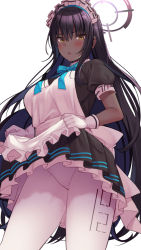 Rule 34 | 1girl, apron, black dress, black hair, blue archive, blush, breasts, clothes lift, dark-skinned female, dark skin, dress, dress lift, gloves, karin (blue archive), large breasts, long hair, looking at viewer, maid headdress, open mouth, pantyhose, puffy short sleeves, puffy sleeves, short sleeves, solo, super nagoyaka, thighs, white gloves, white pantyhose, yellow eyes