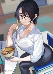 Rule 34 | 1girl, absurdres, black hair, black pants, blurry, blurry background, blush, bowl, breasts, chair, chopsticks, closed mouth, collarbone, collared shirt, food, glasses, highres, holding, holding chopsticks, kagematsuri, large breasts, looking at viewer, noodles, original, pants, purple eyes, revision, shirt, shirt tucked in, short hair, sitting, smile, solo, table, udon, white shirt
