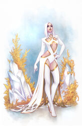 1girl absurdres blue_eyes boots breasts clothing_cutout crystal dress emma_frost full_body high_heel_boots high_heels highres hip_vent long_dress marvel medium_breasts meghan_hetrick parted_lips sneer solo stomach_cutout thigh_boots white_dress white_footwear white_hair x-men