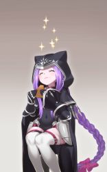Rule 34 | 1girl, absurdres, black cape, black capelet, black gloves, black leotard, bow, braid, brown background, cake, cape, capelet, closed mouth, collar, commentary request, covered navel, eating, closed eyes, fate/grand order, fate (series), food, gloves, hair bow, highres, leotard, long braid, long hair, medusa (fate), medusa (lancer) (fate), medusa (rider) (fate), purple hair, ribbon, rider, saruchitan, simple background, single braid, smile, solo, sparkle, thigh strap, thighhighs, very long hair, white thighhighs