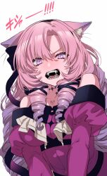 Rule 34 | 00 00mare, 1girl, angry, animal ear fluff, animal ears, bare shoulders, blush, breasts, cat ears, cat girl, chest tattoo, choker, collarbone, dress, drill hair, extra ears, fangs, fangs out, frown, hair ribbon, hairband, highres, hyakumantenbara salome, hyakumantenbara salome (1st costume), juliet sleeves, large breasts, light purple hair, long hair, long sleeves, looking at viewer, nijisanji, off-shoulder dress, off shoulder, open mouth, parted bangs, puffy sleeves, purple eyes, purple hairband, purple ribbon, red dress, red sleeves, ribbon, ringlets, scorpion tattoo, simple background, slit pupils, solo, tattoo, teeth, tongue, translation request, virtual youtuber, white background