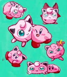 Rule 34 | aruco co, blush stickers, bow, colored skin, commentary request, copy ability, creatures (company), flower, game freak, gen 1 pokemon, green background, hair flower, hair ornament, highres, jigglypuff, kirby, kirby (series), multiple views, nintendo, no humans, one eye closed, pink skin, pokemon, pokemon (creature), pout, red bow, rolling, super smash bros., tears