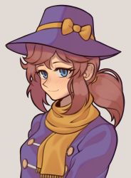 Rule 34 | 1girl, a hat in time, aged up, alternate costume, blue eyes, blush, bow, brown hair, closed mouth, coat, fujimna, half-closed eyes, hat, hat adult, hat kid, highres, looking at viewer, medium hair, purple coat, purple hat, ribbon, scarf, short ponytail, sidelocks, simple background, smile, solo, upper body, yellow bow, yellow ribbon, yellow scarf