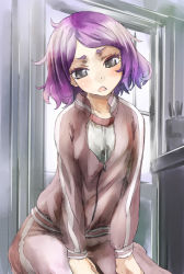 Rule 34 | 1girl, eyebrows, fang, grey eyes, kototora, looking at viewer, open mouth, original, purple hair, short hair, solo, track suit, triangle mouth, window, yohane