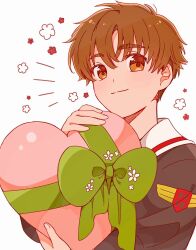 Rule 34 | 1boy, box, brown eyes, brown hair, cardcaptor sakura, child, closed mouth, gift, gift box, hanam 000, heart, heart-shaped box, highres, holding, li syaoran, looking at viewer, male focus, school uniform, short hair, simple background, smile, solo, upper body, white background