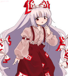 Rule 34 | 1girl, :d, baggy pants, blush, bow, collared shirt, commentary, dot nose, dress shirt, fujiwara no mokou, grey hair, grey shirt, hand up, juliet sleeves, leaning forward, long hair, long sleeves, official style, ofuda, ofuda on clothes, open mouth, pants, puffy long sleeves, puffy sleeves, raised eyebrow, red bow, red eyes, red pants, sakumo (okura oishiiii), shirt, shirt tucked in, signature, sleeve garter, smile, smug, solo, suspenders, touhou, very long hair, white bow, wing collar, zun (style)