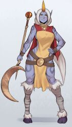 Rule 34 | 1girl, arbuz budesh, belt, breasts, closed mouth, colored skin, full body, hand on own hip, holding, holding wand, hooves, horns, league of legends, light smile, long hair, monster girl, pelvic curtain, pointy ears, purple skin, sideboob, sideless dress, single horn, solo, soraka (league of legends), standing, wand, white hair, wide hips, yellow eyes