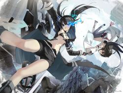Rule 34 | 2girls, artist request, asymmetrical legwear, black bra, black hair, black jacket, black pantyhose, black rock shooter, black rock shooter (character), black rock shooter fragment, black shorts, bra, breasts, character request, elishka (black rock shooter), flaming eye, highres, holding, holding weapon, huge weapon, jacket, long hair, multiple girls, navel, open clothes, open jacket, pantyhose, ponytail, red eyes, shorts, small breasts, star-shaped pupils, star (symbol), symbol-shaped pupils, underwear, weapon