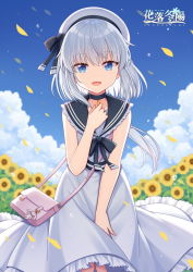 Rule 34 | 1girl, :d, bag, black bow, black choker, black sailor collar, blue eyes, bow, character request, choker, commentary request, copyright name, dress, field, flower, flower field, frilled dress, frills, grey hair, hair between eyes, hand up, hat, hat bow, hitsuki rei, long hair, open mouth, petals, sailor collar, shoulder bag, sleeveless, sleeveless dress, smile, snowdreams -lost in winter-, solo, sunflower, sunflower field, watermark, white dress, yellow flower