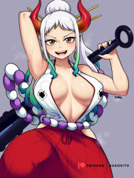 Rule 34 | 1girl, arm up, artist name, breasts, breasts apart, club, club (weapon), dako (dakosito), green hair, hair ornament, hair stick, highres, holding, holding weapon, horns, japanese clothes, kanabou, kimono, large breasts, looking at viewer, one piece, open mouth, orange eyes, ponytail, red horns, sidelocks, sleeveless, sleeveless kimono, smile, solo, sweat, weapon, weapon behind back, white hair, yamato (one piece)