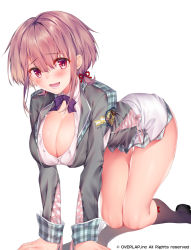 Rule 34 | 1girl, all fours, black footwear, black socks, blush, bow, bowtie, breasts, cleavage, commentary request, eyes visible through hair, grey blazer, hair ribbon, kneehighs, large breasts, legs together, looking at viewer, obiwan, official art, open mouth, original, pink hair, plaid, plaid skirt, purple bow, purple bowtie, red eyes, red ribbon, ribbon, school uniform, shadow, short hair, sidelocks, simple background, skirt, socks, solo, unbuttoned, white background