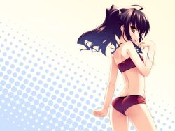 Rule 34 | 1girl, :p, ahoge, ass, back, bandeau, bikini, black hair, bracelet, flat chest, from behind, highres, jewelry, looking back, miyatsuki itsuka, naughty face, original, red bikini, solo, strapless, swimsuit, tongue, tongue out, tube top, twintails, yellow eyes