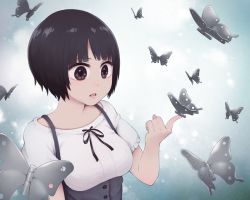 Rule 34 | 1girl, black hair, breasts, brown eyes, bug, butterfly, butterfly on hand, commentary request, gradient background, index finger raised, insect, medium breasts, open mouth, original, shadow, shirt, short hair, short sleeves, solo, white shirt, yajirushi (chanoma)