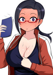 Rule 34 | 0 0, 1girl, absurdres, black hair, blush, breasts, cleavage, demi-chan wa kataritai, full-face blush, highres, huge breasts, in heat, motion lines, notebook, open mouth, purple eyes, red-framed eyewear, satou sakie, sportswear, surprised, sweat, the only shoe, upper body, white background